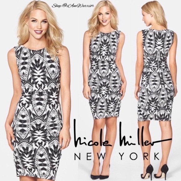 Nicole Miller NWT geo print ruched bodycon dress  *shop@iAmWarrior - Picture 1 of 8